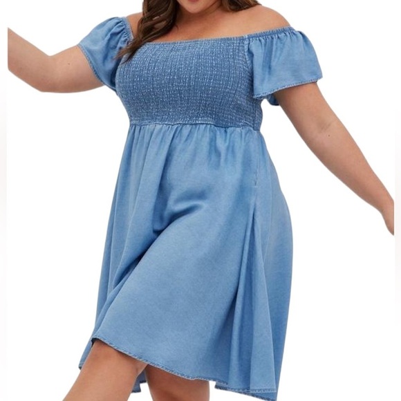 Torrid Blue Chambray Off-Shoulder Smocked Skater Dress - Picture 1 of 12